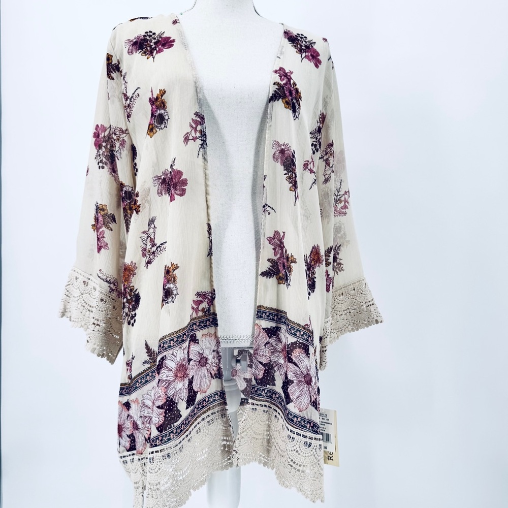 NWT REWIND Boho Floral Crochet Open Kimono